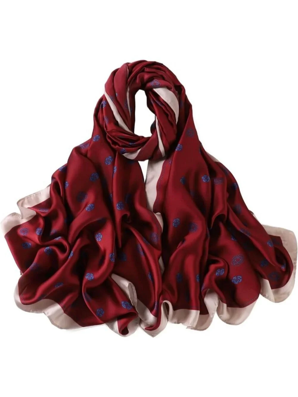 Women's Silk Red Lightweight Silk Scarves Flower Print Head Cotton Wrap Scarf